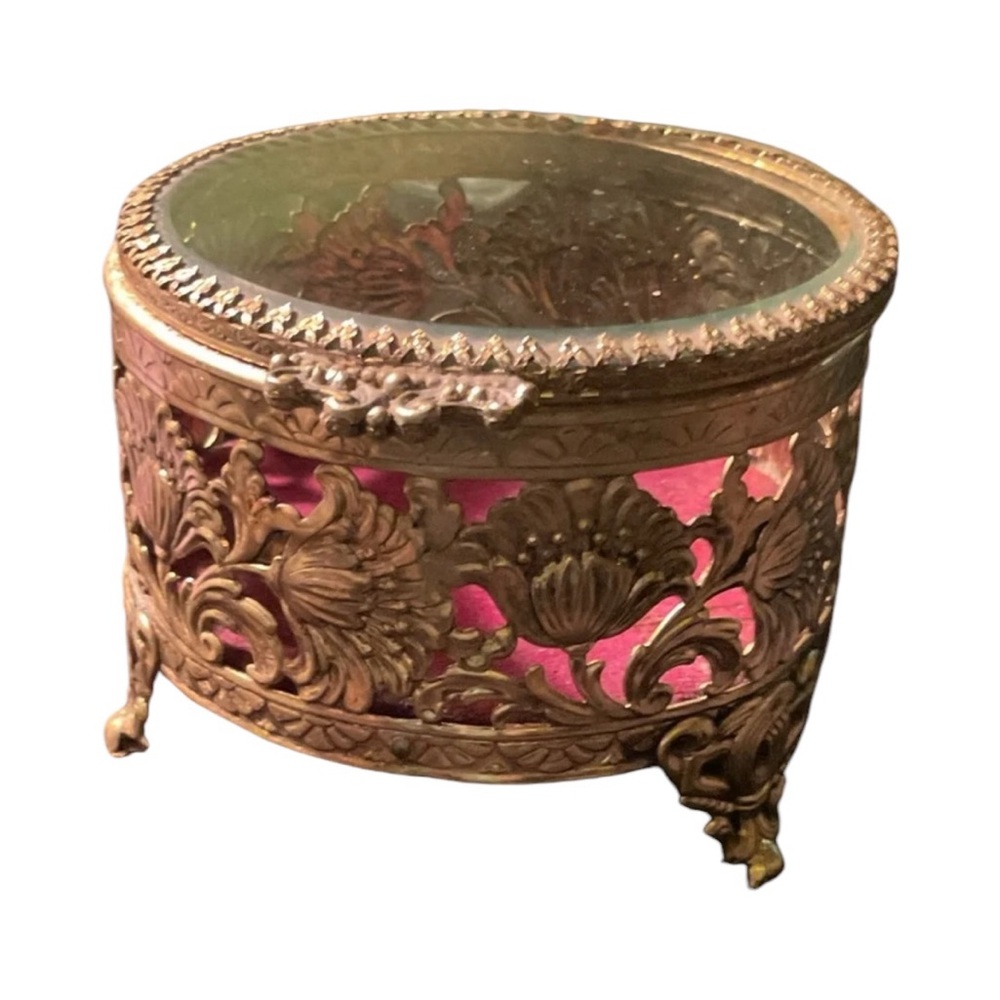 Vintage French Ormolu Gold Tone Filigree Trinket Box Jewelry Casket